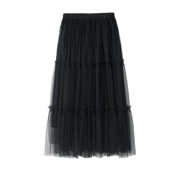 The Best Summer Women Elastic Mesh Tulle Pleated Skirt Ladies Casual Holiday A-Line High Waist Solid Long Maxi Skirt Online - Takalr