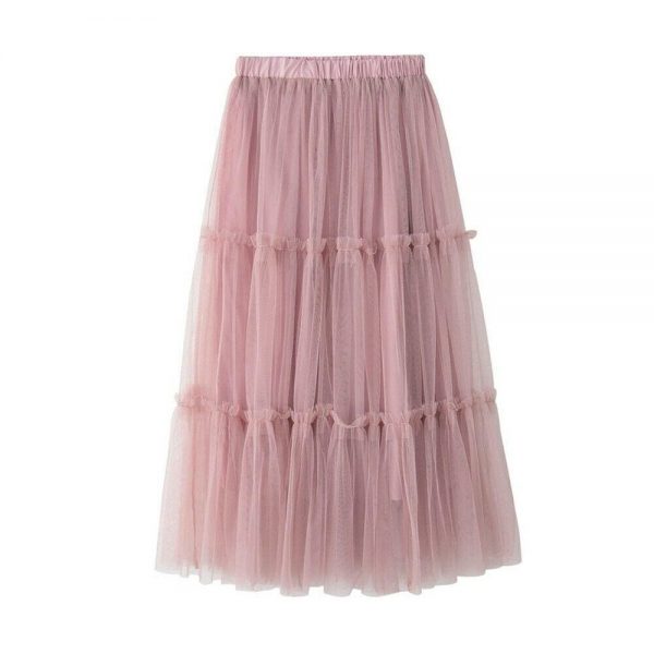 The Best Summer Women Elastic Mesh Tulle Pleated Skirt Ladies Casual Holiday A-Line High Waist Solid Long Maxi Skirt Online - Takalr