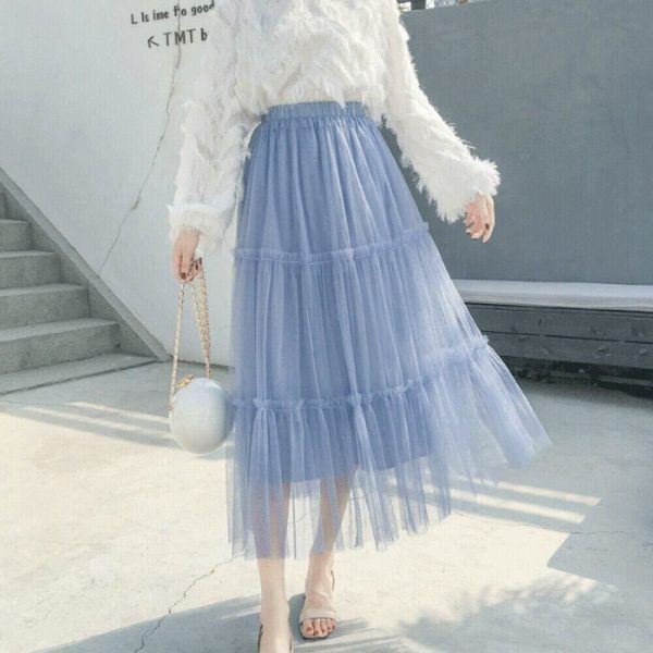 The Best Summer Women Elastic Mesh Tulle Pleated Skirt Ladies Casual Holiday A-Line High Waist Solid Long Maxi Skirt Online - Takalr