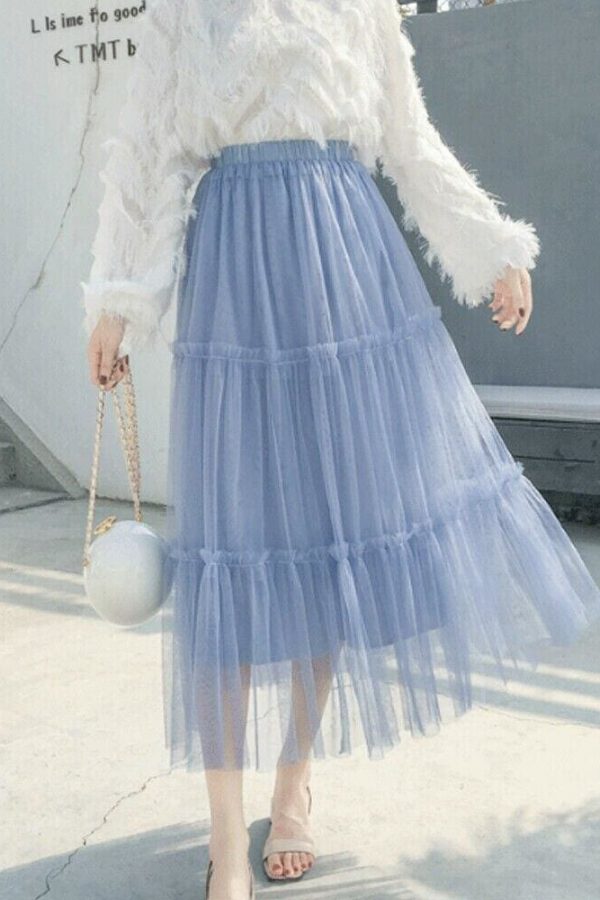 The Best Summer Women Elastic Mesh Tulle Pleated Skirt Ladies Casual Holiday A-Line High Waist Solid Long Maxi Skirt Online - Takalr