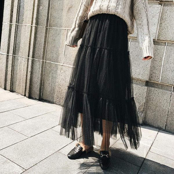 The Best Summer Women Elastic Mesh Tulle Pleated Skirt Ladies Casual Holiday A-Line High Waist Solid Long Maxi Skirt Online - Takalr