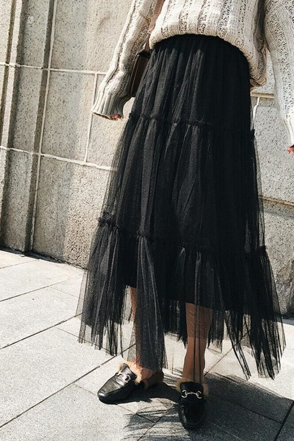 The Best Summer Women Elastic Mesh Tulle Pleated Skirt Ladies Casual Holiday A-Line High Waist Solid Long Maxi Skirt Online - Takalr