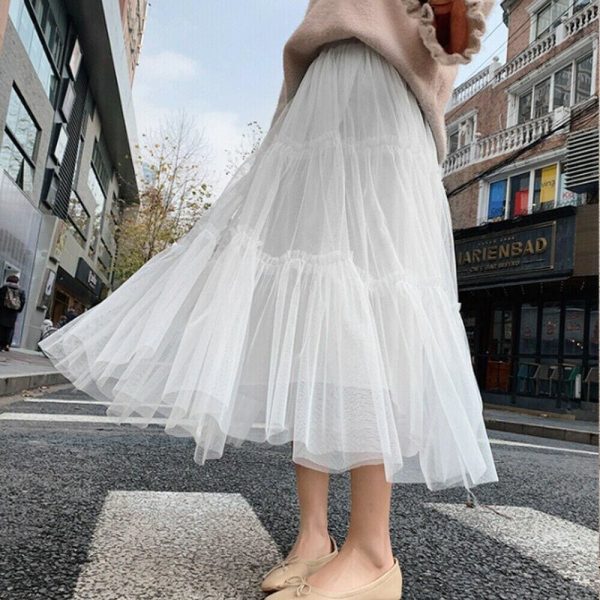 The Best Summer Women Elastic Mesh Tulle Pleated Skirt Ladies Casual Holiday A-Line High Waist Solid Long Maxi Skirt Online - Takalr