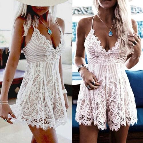 The Best Summer Women Lace Short Mini Dress Ladies Bodycon Sleeveless Summer Holiday Party Boho Beach Mini Dress Sundress Online - Takalr