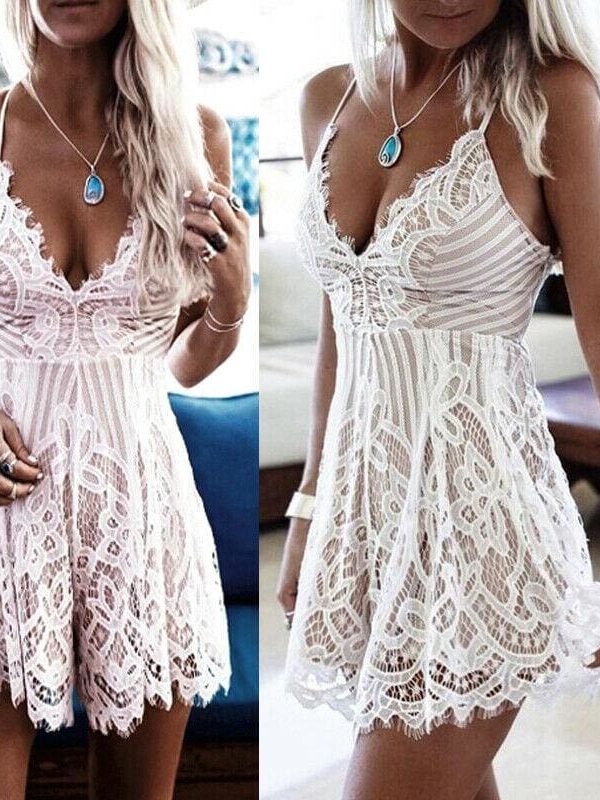 The Best Summer Women Lace Short Mini Dress Ladies Bodycon Sleeveless Summer Holiday Party Boho Beach Mini Dress Sundress Online - Takalr