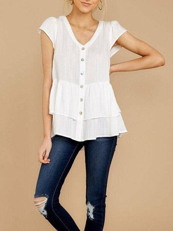 The Best Summer Women Ladies Fashion V-neck Short Sleeve Tops Casual Loose Cotton Button Blouse Tops V-Neck Solid New Tops Online - Takalr