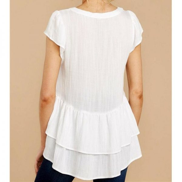 The Best Summer Women Ladies Fashion V-neck Short Sleeve Tops Casual Loose Cotton Button Blouse Tops V-Neck Solid New Tops Online - Takalr