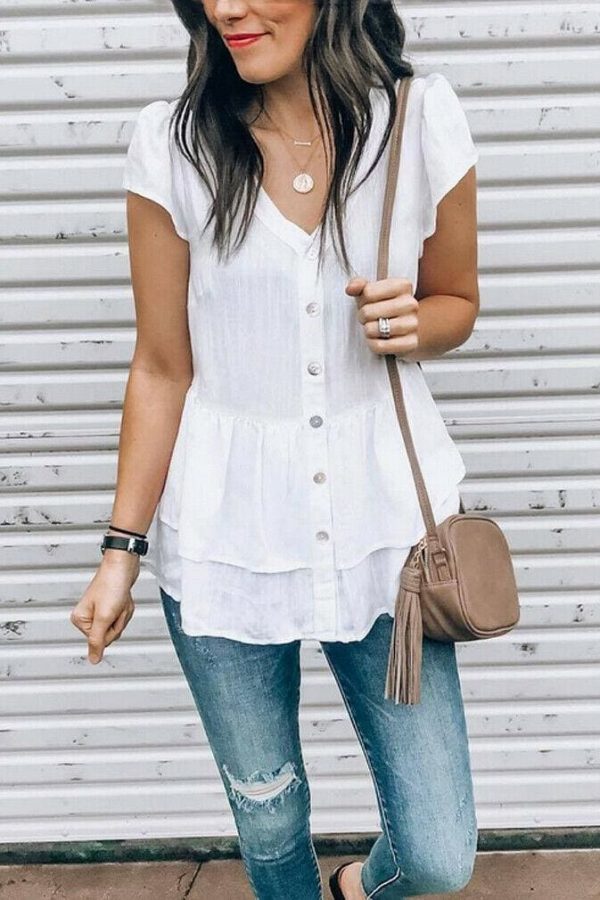 The Best Summer Women Ladies Fashion V-neck Short Sleeve Tops Casual Loose Cotton Button Blouse Tops V-Neck Solid New Tops Online - Takalr