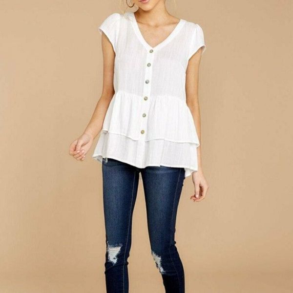 The Best Summer Women Ladies Fashion V-neck Short Sleeve Tops Casual Loose Cotton Button Blouse Tops V-Neck Solid New Tops Online - Takalr