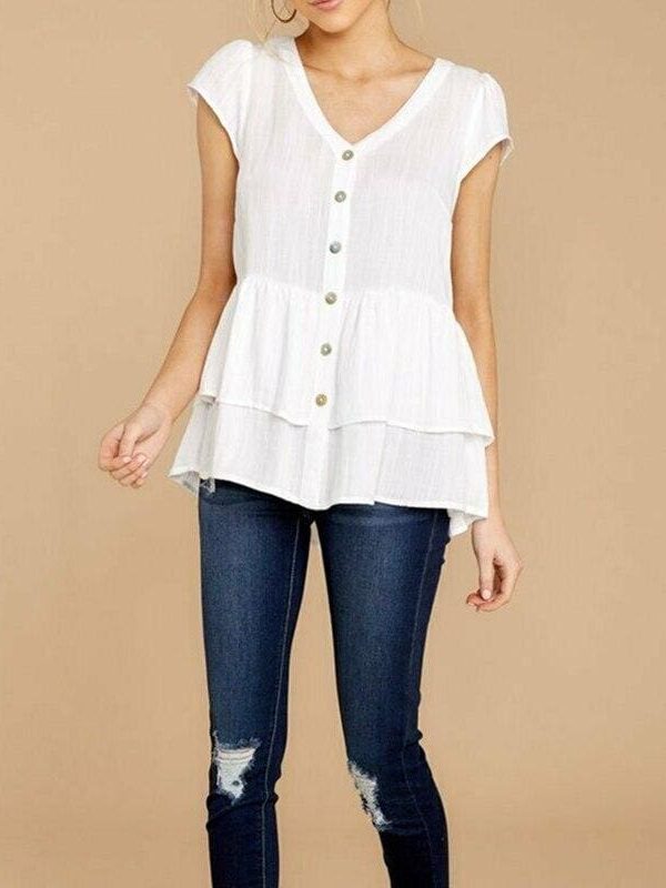 The Best Summer Women Ladies Fashion V-neck Short Sleeve Tops Casual Loose Cotton Button Blouse Tops V-Neck Solid New Tops Online - Takalr