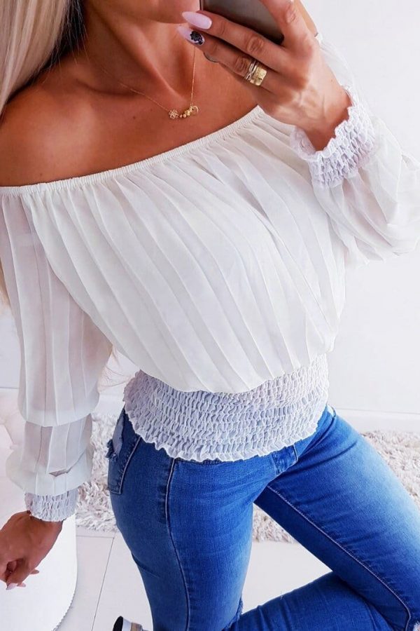 The Best Summer Women Ladies Off Shoulder Pleated Blouse Long Sleeve Casual Slim Streetwear Fashion Female OL Tops Online - Takalr