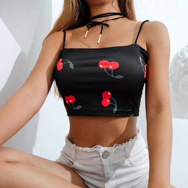 The Best Summer Women Ladies Strappy Bandage Elastic Suspender Vest Casual Crop Top Cherry Print Sleeveless Tank Tops Online - Takalr