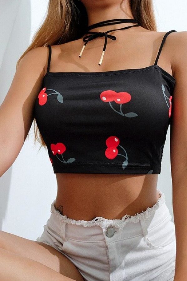 The Best Summer Women Ladies Strappy Bandage Elastic Suspender Vest Casual Crop Top Cherry Print Sleeveless Tank Tops Online - Takalr