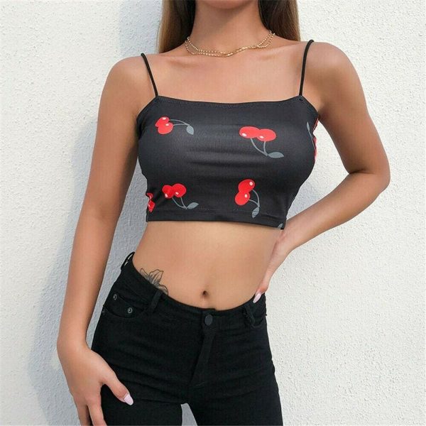 The Best Summer Women Ladies Strappy Bandage Elastic Suspender Vest Casual Crop Top Cherry Print Sleeveless Tank Tops Online - Takalr