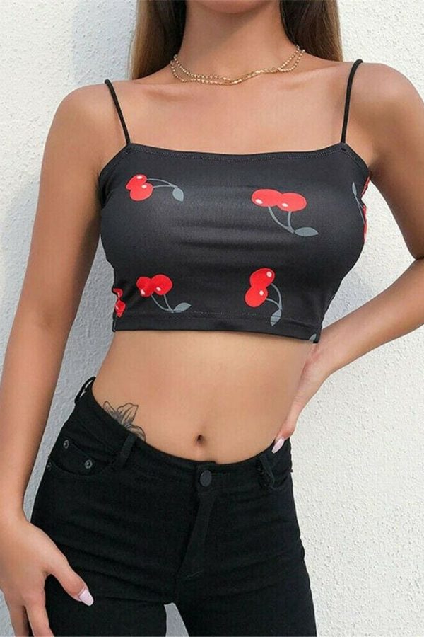 The Best Summer Women Ladies Strappy Bandage Elastic Suspender Vest Casual Crop Top Cherry Print Sleeveless Tank Tops Online - Takalr