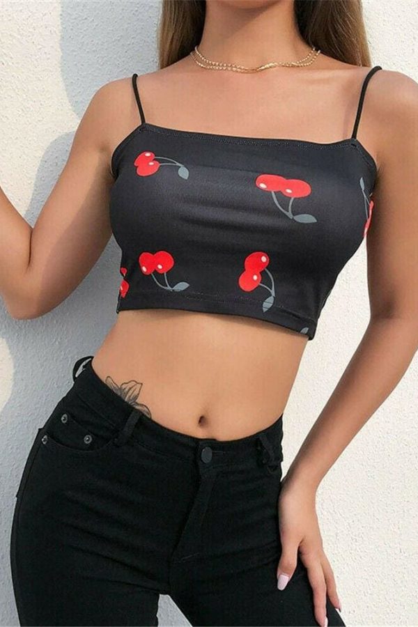 The Best Summer Women Ladies Strappy Bandage Elastic Suspender Vest Casual Crop Top Cherry Print Sleeveless Tank Tops Online - Takalr