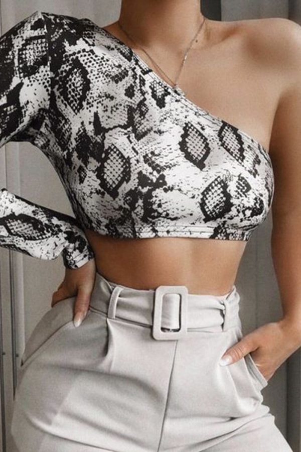 The Best Summer Women Lady Casual Snake Print One shoulder Elastic Tube Crop Tops Vest Fashion Beach Streetwear Online - Takalr