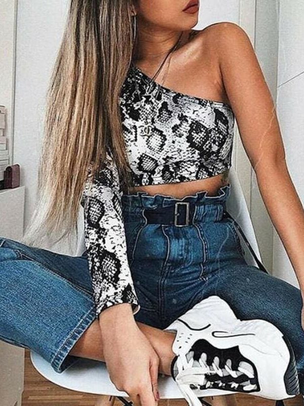 The Best Summer Women Lady Casual Snake Print One shoulder Elastic Tube Crop Tops Vest Fashion Beach Streetwear Online - Takalr