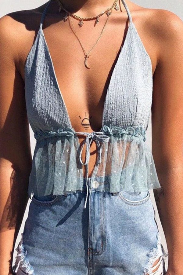 The Best Summer Women Mesh Backless V Neck Lace Camisole Tank Vest Blouse Cami Casual Halter Bustier Bra Crop Tops Online - Takalr