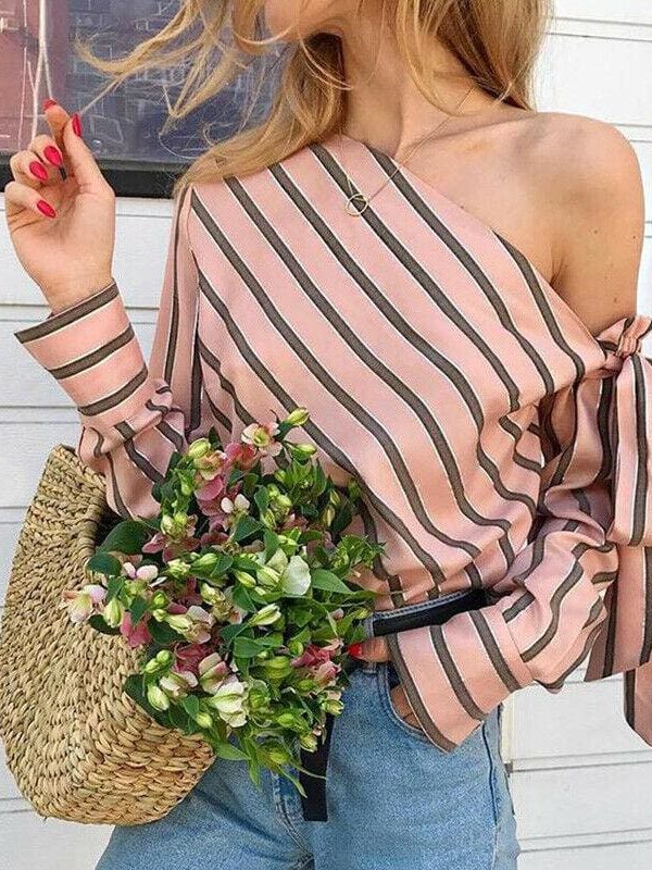 The Best Summer Women New Striped Loose Blouse Fashion Ladies Off Shoulder Lace Up Shirts Female Elegant Tops Blouses Online - Takalr