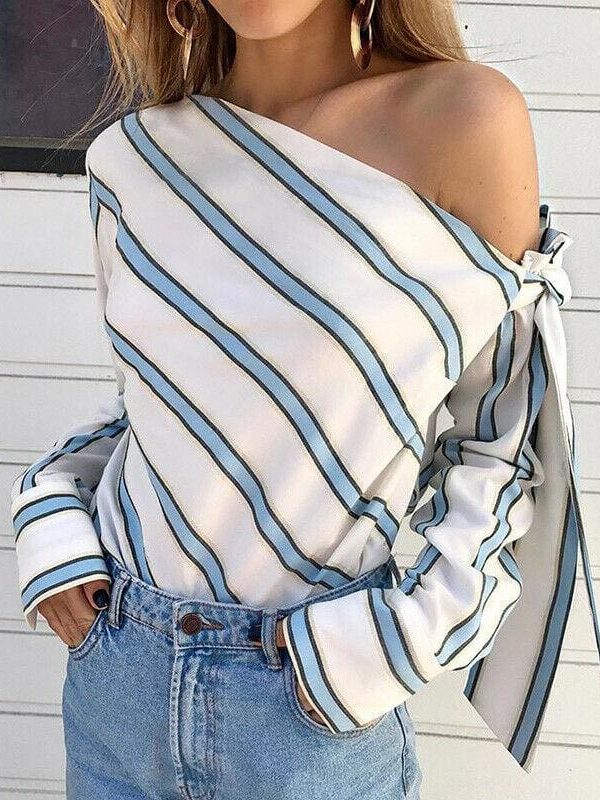 The Best Summer Women New Striped Loose Blouse Fashion Ladies Off Shoulder Lace Up Shirts Female Elegant Tops Blouses Online - Takalr