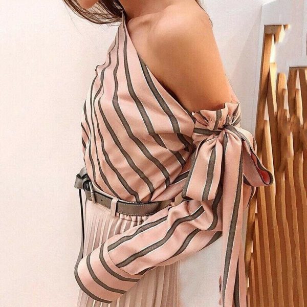 The Best Summer Women New Striped Loose Blouse Fashion Ladies Off Shoulder Lace Up Shirts Female Elegant Tops Blouses Online - Takalr