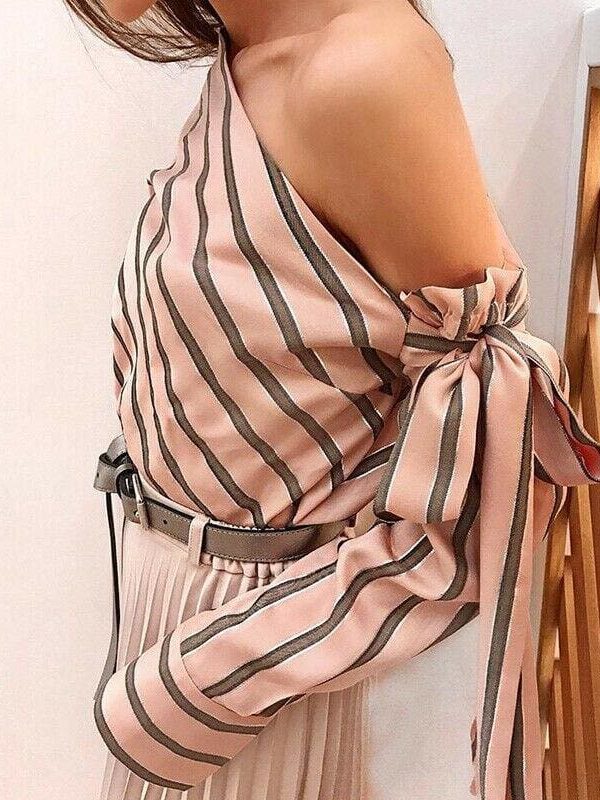 The Best Summer Women New Striped Loose Blouse Fashion Ladies Off Shoulder Lace Up Shirts Female Elegant Tops Blouses Online - Takalr