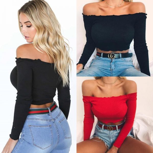 The Best Summer Women Off Shoulder Tank Tops Slim Sleeve Off Shoulder Crop Tops Online - Source Silk