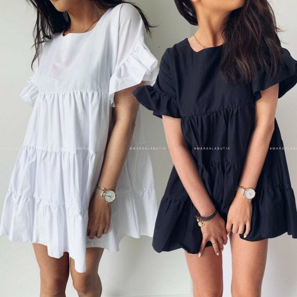 The Best Summer Women Ruffle Sleeveless Evening Party Beach Holiday Loose Dress Simple Casual Solid Vacation Sundress Online - Takalr