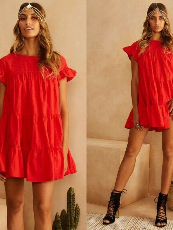 The Best Summer Women Ruffle Sleeveless Evening Party Beach Holiday Loose Dress Simple Casual Solid Vacation Sundress Online - Takalr