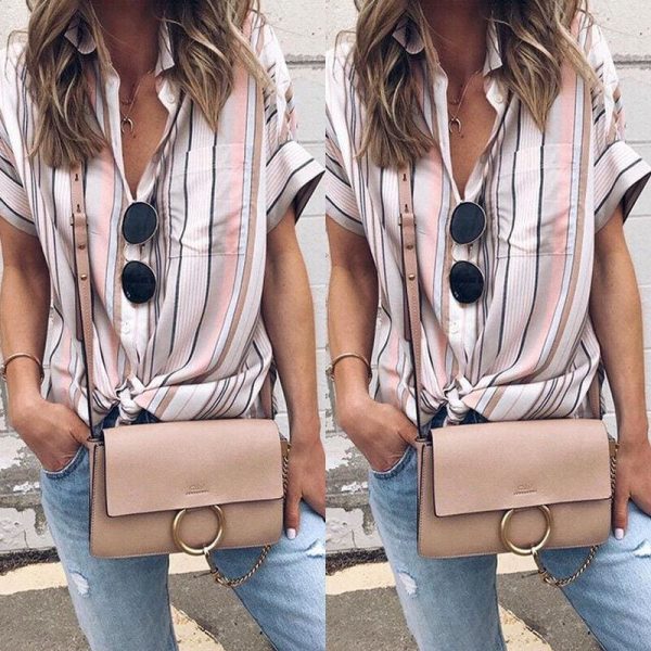 The Best Summer Women Short Sleeve Loose Shirts Fashion Ladies Casual Striped V-Neck Baggy Blouse Tops Tunic Shirt Online - Takalr