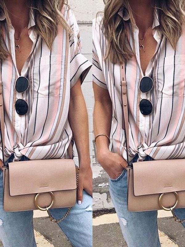 The Best Summer Women Short Sleeve Loose Shirts Fashion Ladies Casual Striped V-Neck Baggy Blouse Tops Tunic Shirt Online - Takalr