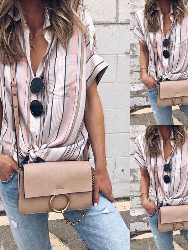 The Best Summer Women Short Sleeve Loose Shirts Fashion Ladies Casual Striped V-Neck Baggy Blouse Tops Tunic Shirt Online - Takalr