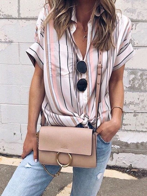 The Best Summer Women Short Sleeve Loose Shirts Fashion Ladies Casual Striped V-Neck Baggy Blouse Tops Tunic Shirt Online - Takalr