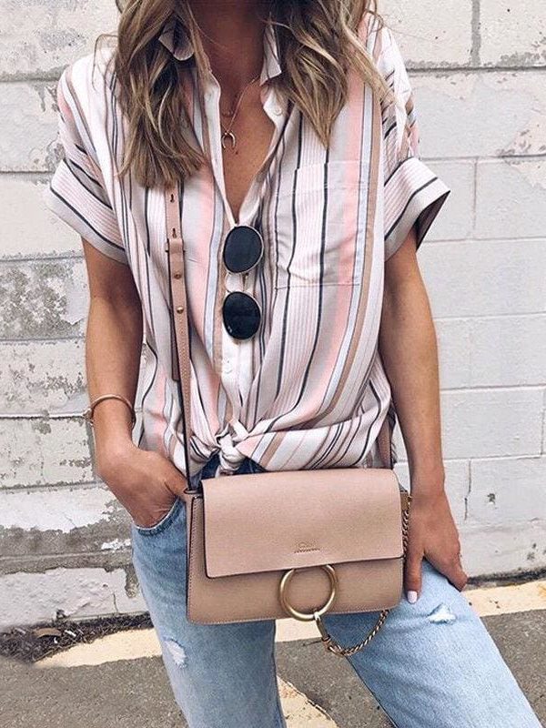 The Best Summer Women Short Sleeve Loose Shirts Fashion Ladies Casual Striped V-Neck Baggy Blouse Tops Tunic Shirt Online - Takalr