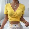 The Best Summer Women Short Sleeve V-Neck Solid Casual Bodysuit Shirt Ladies Beach Soft Slim Thin Crop Tops T-Shirt Online - Takalr