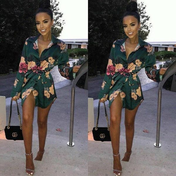 The Best Summer Women Silk Satin Shirt Dress Ladies Print Floral Long Sleeve Loose Short Mini Dresses Beach Party Dress Online - Takalr