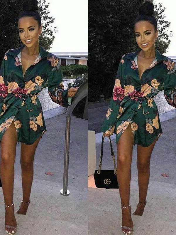 The Best Summer Women Silk Satin Shirt Dress Ladies Print Floral Long Sleeve Loose Short Mini Dresses Beach Party Dress Online - Takalr