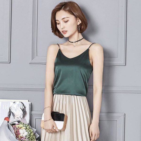 The Best Summer Women Silk Satin Slim Sleeveless V-Neck Lace Vest Fashion Ladies Solid Casual Tank Top Daily Blouse Online - Takalr