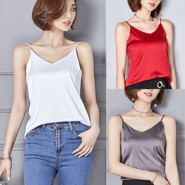 The Best Summer Women Silk Satin Slim Sleeveless V-Neck Lace Vest Fashion Ladies Solid Casual Tank Top Daily Blouse Online - Takalr