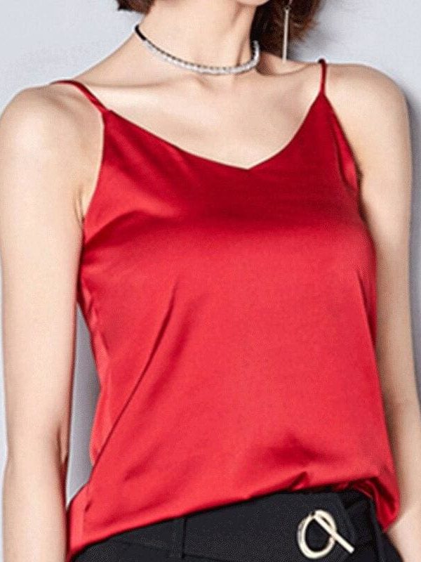 The Best Summer Women Silk Satin Slim Sleeveless V-Neck Lace Vest Fashion Ladies Solid Casual Tank Top Daily Blouse Online - Takalr