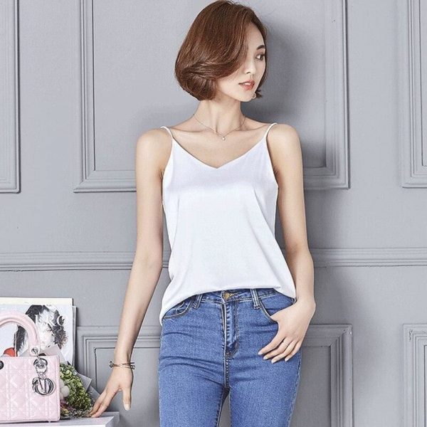 The Best Summer Women Silk Satin Slim Sleeveless V-Neck Lace Vest Fashion Ladies Solid Casual Tank Top Daily Blouse Online - Takalr