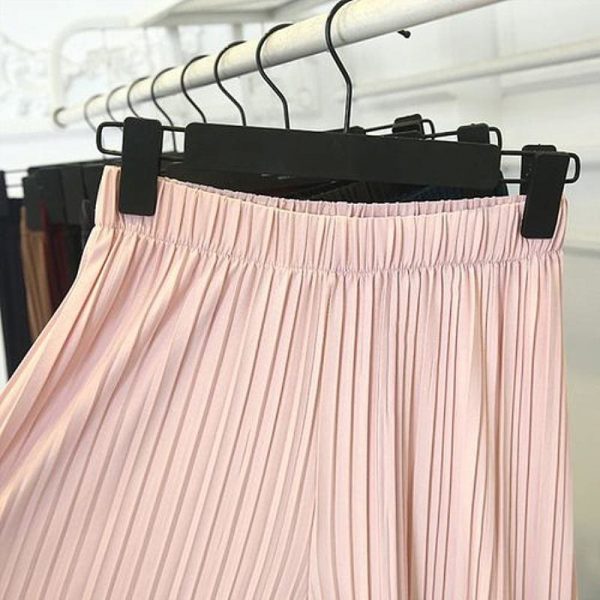 The Best Summer Women Solid Pleated Chiffon & Flax Elastic Wide Leg Pants High Waist Casual Loose Culottes Trousers Holiday Online - Takalr