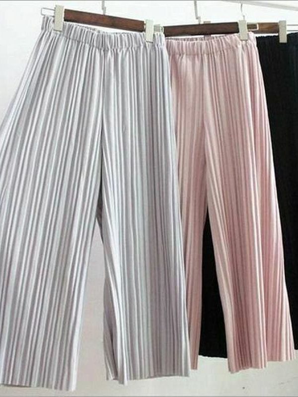 The Best Summer Women Solid Pleated Chiffon & Flax Elastic Wide Leg Pants High Waist Casual Loose Culottes Trousers Holiday Online - Takalr