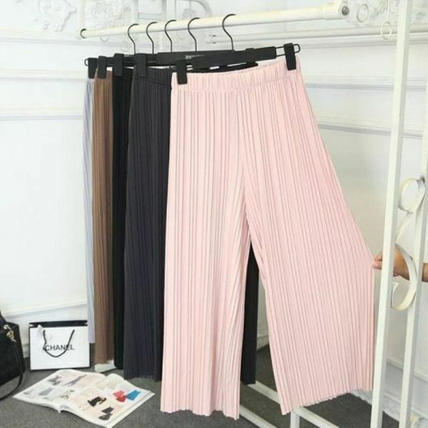 The Best Summer Women Solid Pleated Chiffon & Flax Elastic Wide Leg Pants High Waist Casual Loose Culottes Trousers Holiday Online - Takalr