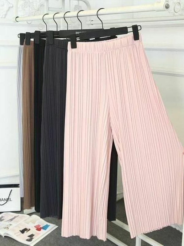 The Best Summer Women Solid Pleated Chiffon & Flax Elastic Wide Leg Pants High Waist Casual Loose Culottes Trousers Holiday Online - Takalr