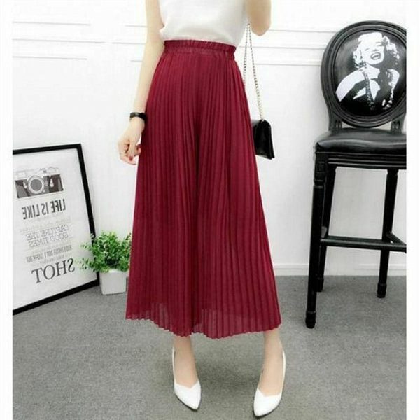 The Best Summer Women Solid Pleated Chiffon & Flax Elastic Wide Leg Pants High Waist Casual Loose Culottes Trousers Holiday Online - Takalr