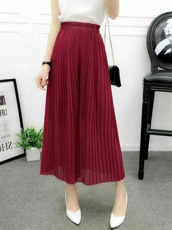 The Best Summer Women Solid Pleated Chiffon & Flax Elastic Wide Leg Pants High Waist Casual Loose Culottes Trousers Holiday Online - Takalr