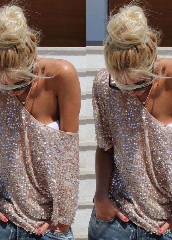 The Best Summer Women Tops Sequins Shirt Casual Party Slim Short Sleeve Summer Beach Tee Casual Tops T-Shirts Gold Online - Takalr