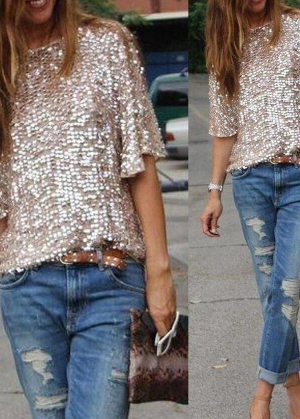 The Best Summer Women Tops Sequins Shirt Casual Party Slim Short Sleeve Summer Beach Tee Casual Tops T-Shirts Gold Online - Takalr